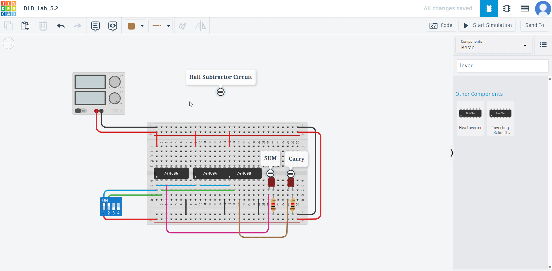 Half Subtractor TinkerCad Truth table check