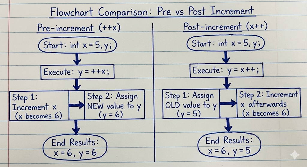 Difference between Pre-increment and Post-increment